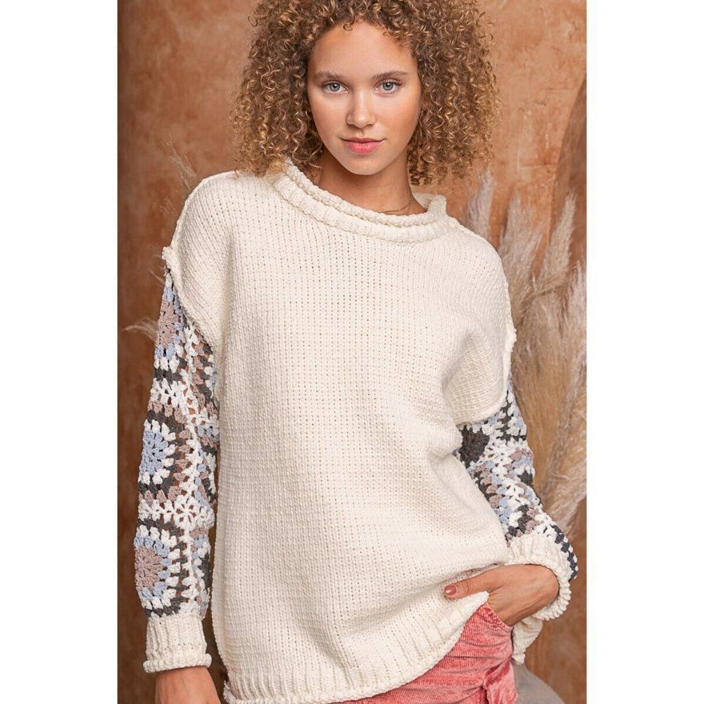 POL Clothing Chenille Cozy Sweater Pullover Grammie Crochet Top Almond SMST457
